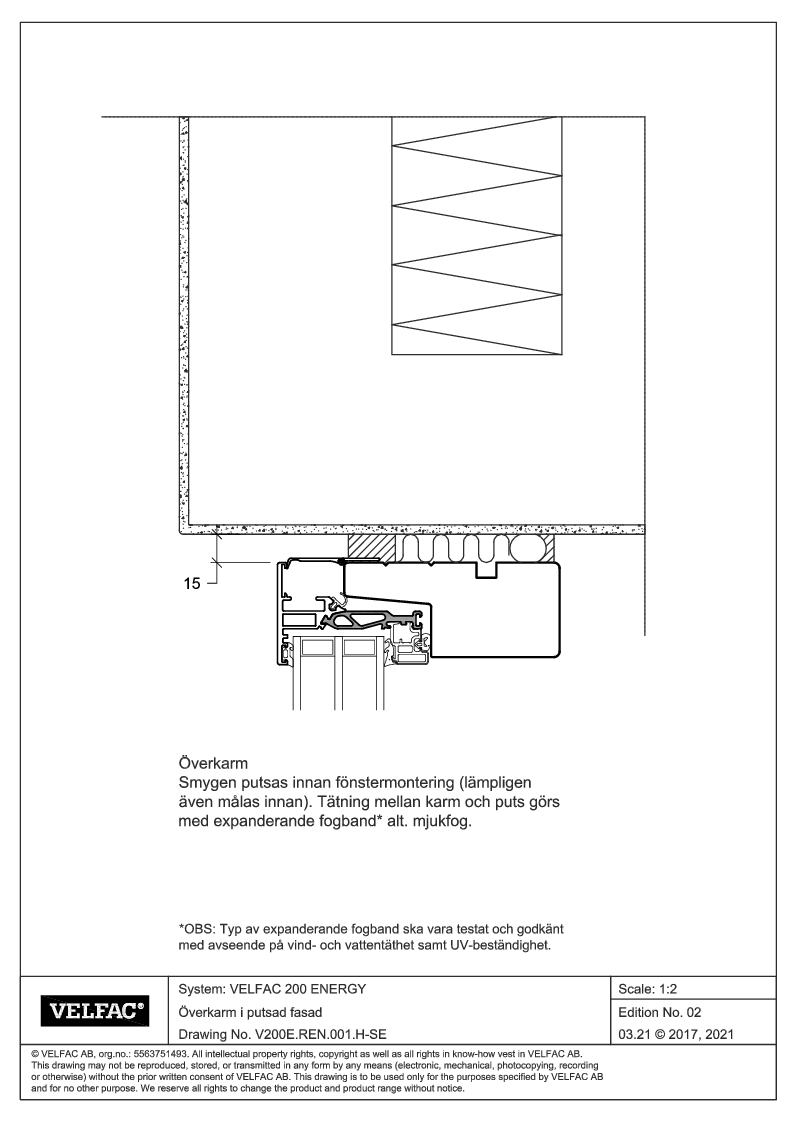 Inbyggnad av överkarm med fogband i putsad fasad